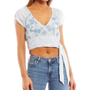 Sahara Floral Embroidered V-Neck Cap Raglan Sleeve Side Tie Hem Crop Top